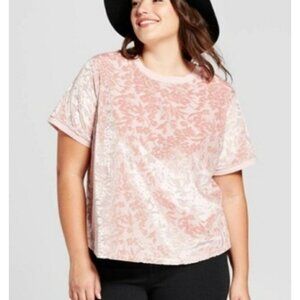 New Women’s Smoked Pink Burnout Velour Short Sleeve Top XXL Textured Floral